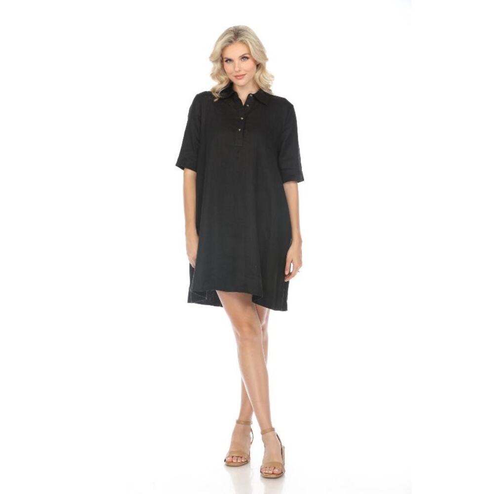 Johnny Was Calme 100% Linen Short Sleeve Polo Shift Dress Size XS Black